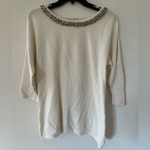 Cream Beaded Neckline 3/4 Sleeve Sweater
